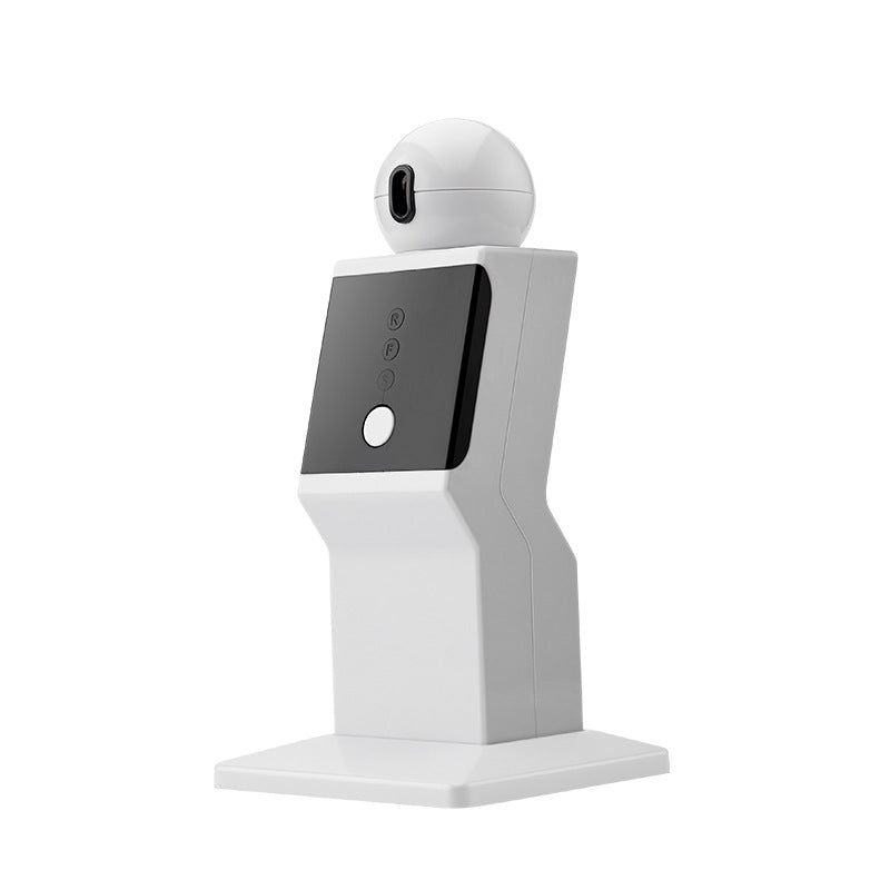 White security camera with a black control panel on a white background
