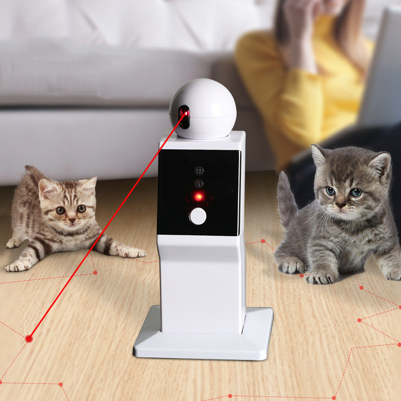Pet toy with laser pointer and ball on a stand, with two cats interacting.