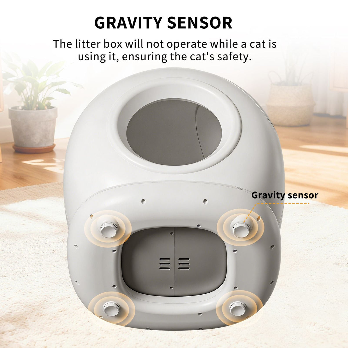 Cat litter box with gravity sensor feature on a light background