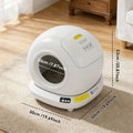 White pet litter box with dimensions indicated on a carpeted floor.