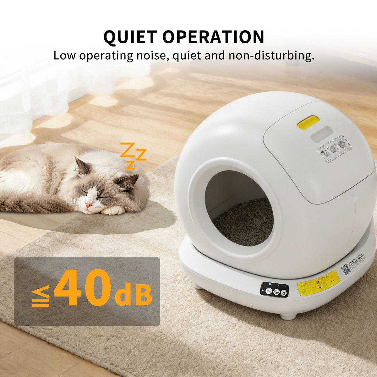 White pet litter box with a cat lying on the floor, indicating quiet operation.