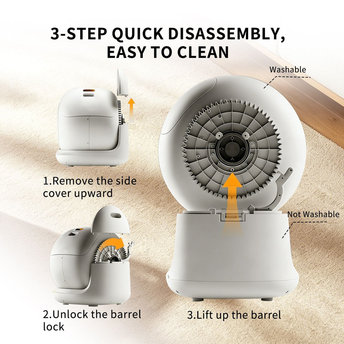 Instructions for a 3-step quick disassembly process of a cleaning device on a beige background.