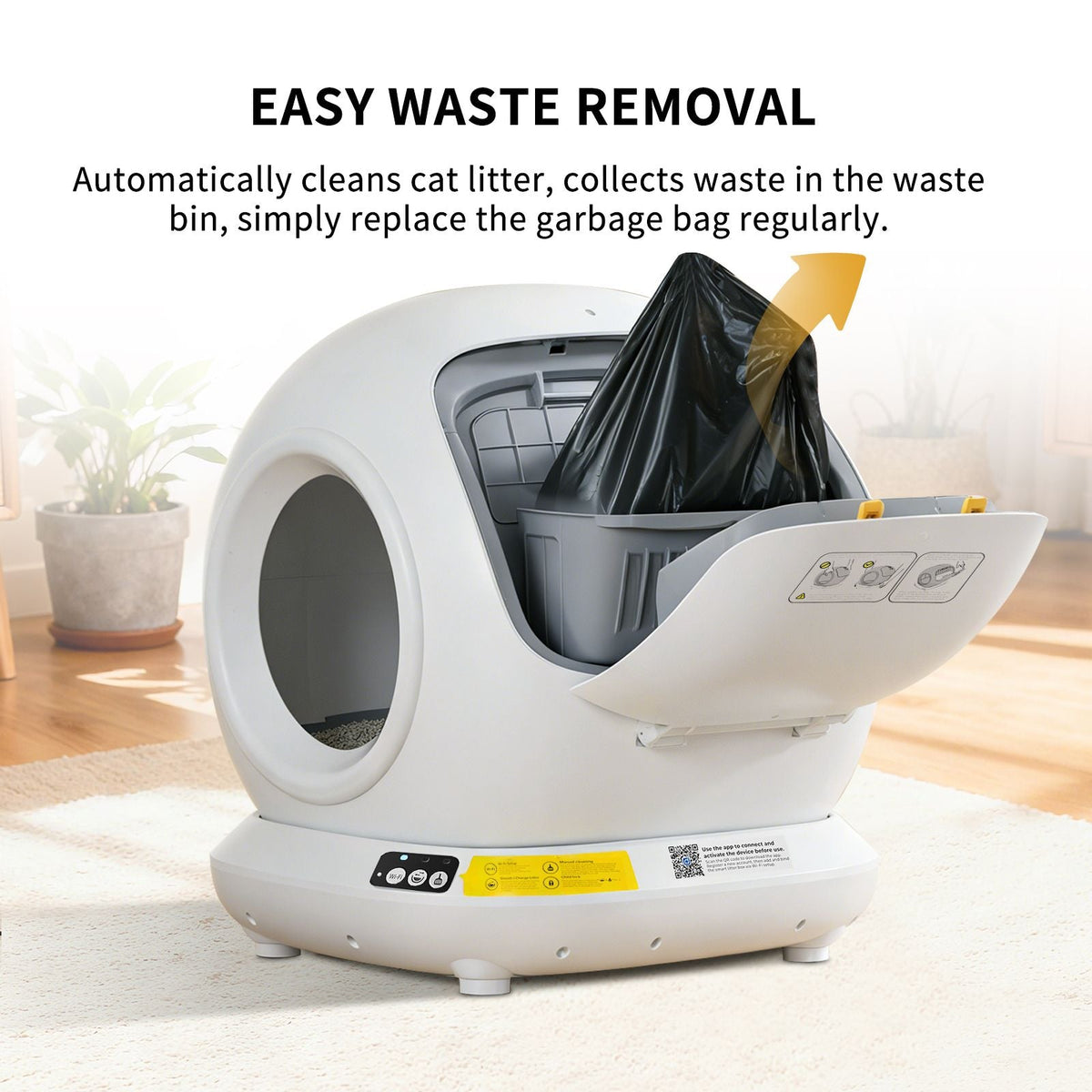 Cat litter box with waste collection system on a light background