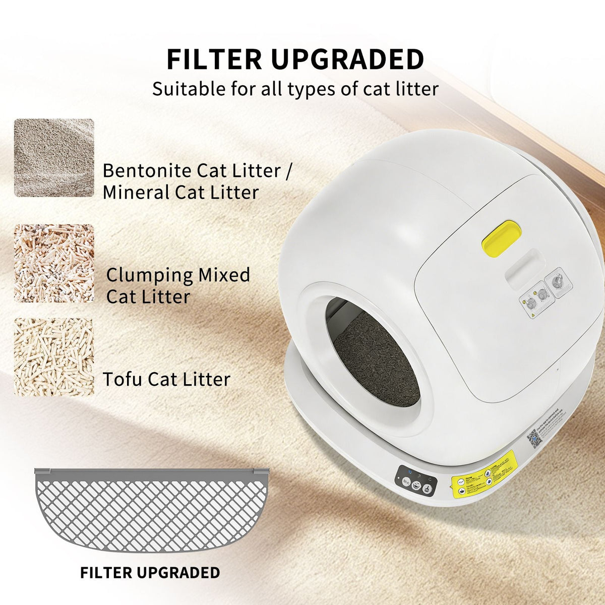 Cat litter filter with text indicating compatibility for different types of cat litter on a beige background.