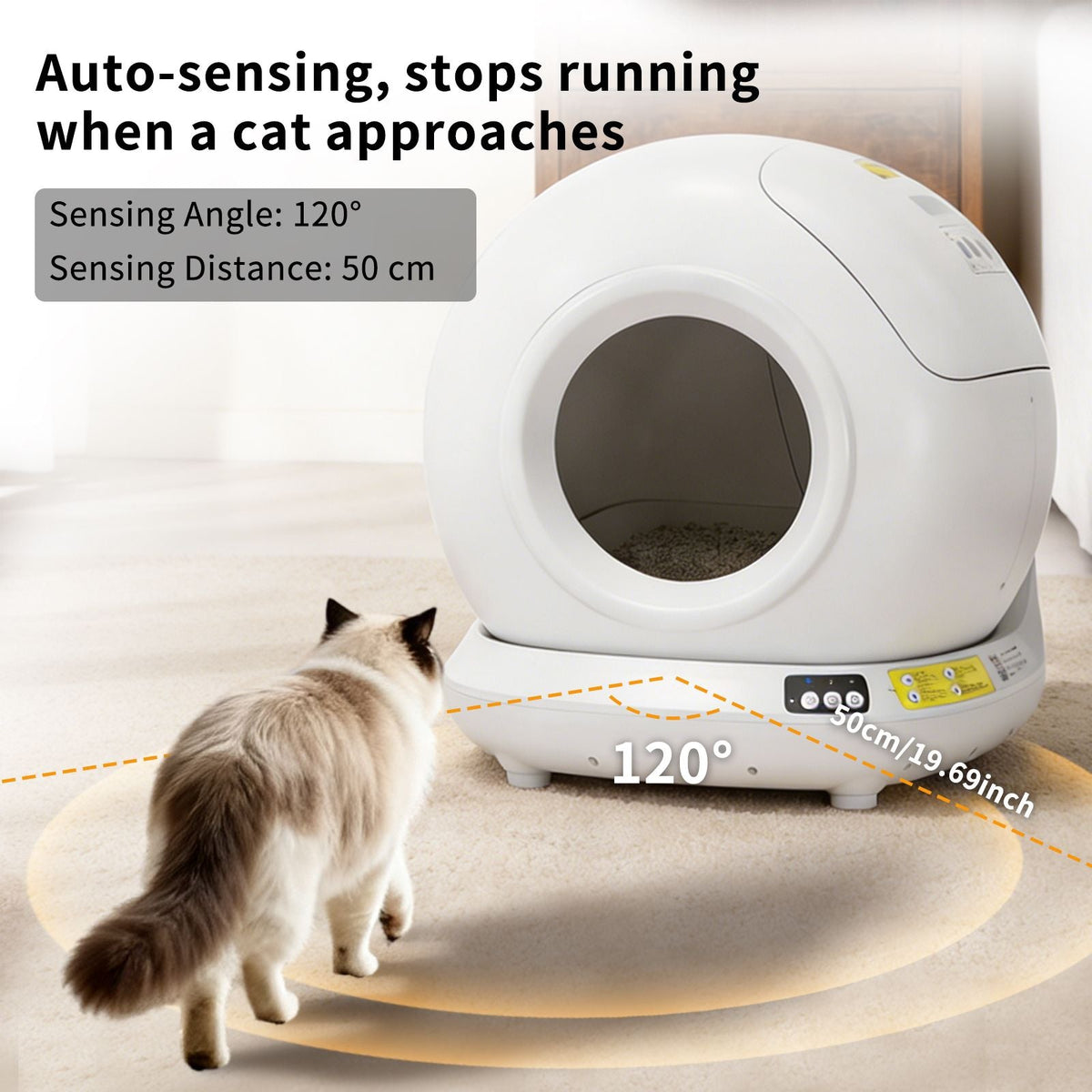 White pet litter box with a cat approaching, featuring text about auto-sensing and sensing distance.