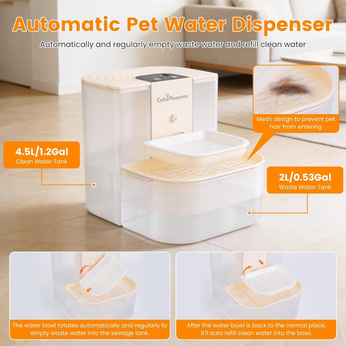Automatic pet water dispenser with features highlighted on a wooden floor.