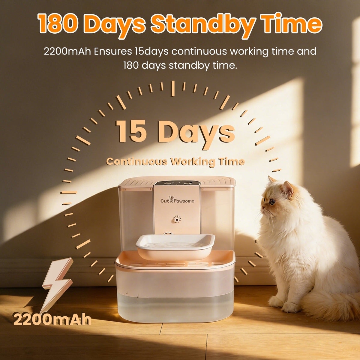 Pet water fountain with a cat sitting next to it, highlighting standby and working time features.