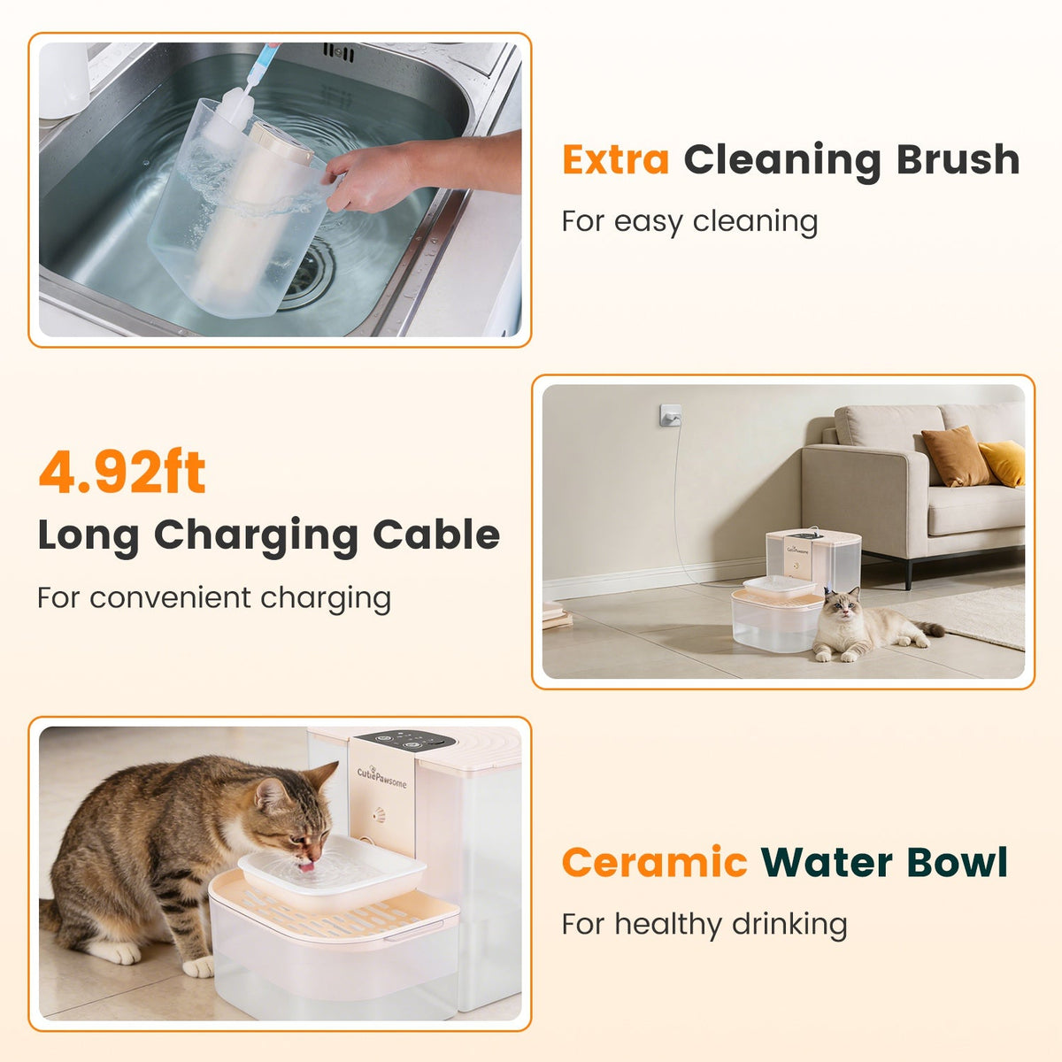 Cat water fountain with cleaning brush, long charging cable, and ceramic water bowl features.