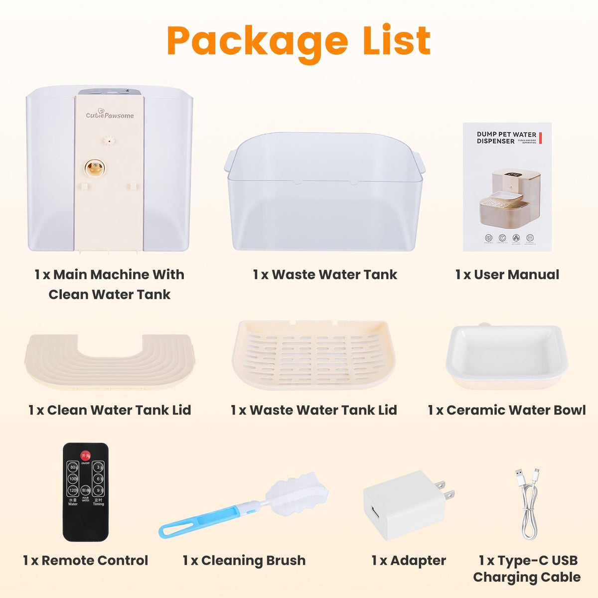 Package list of a pet water dispenser with its components on a white background.