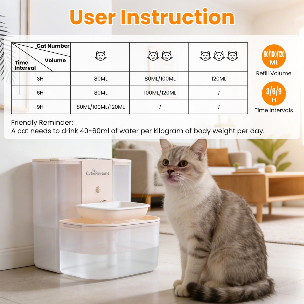 Cat sitting next to a pet water fountain with user instruction text overlay.