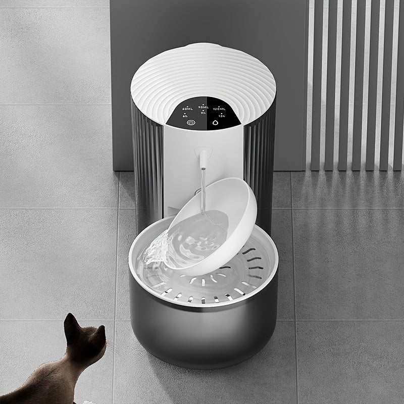 Modern pet water fountain on a tiled floor with a cat observing.