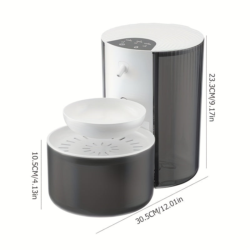 Black and white pet water fountain with dimensions on a white background