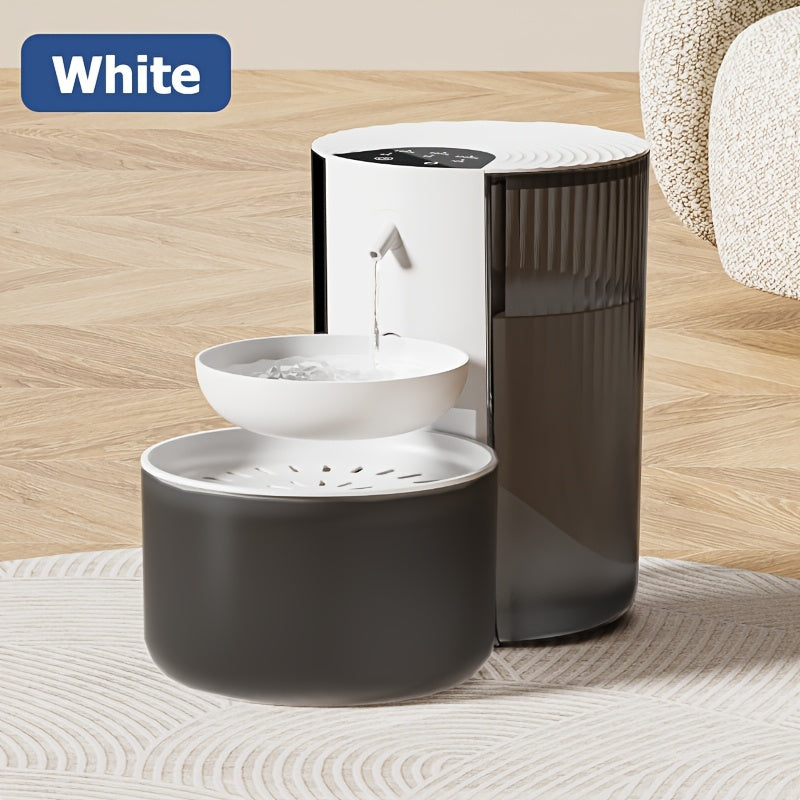 Pet water fountain with a bowl on a wooden floor, featuring the brand 'White'.