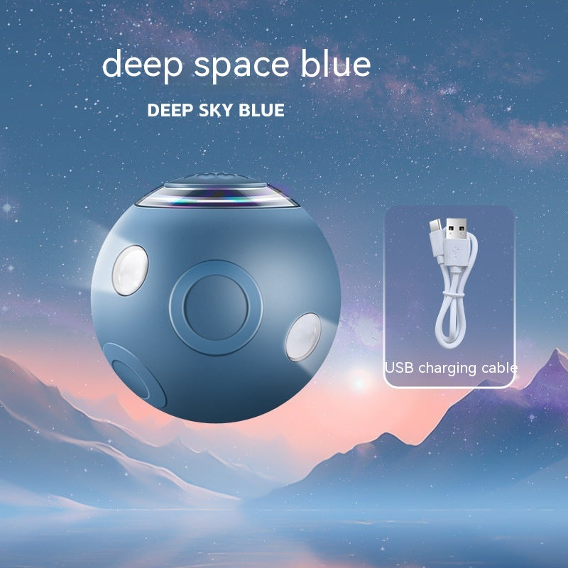 Blue spherical device with USB cable on a cosmic background