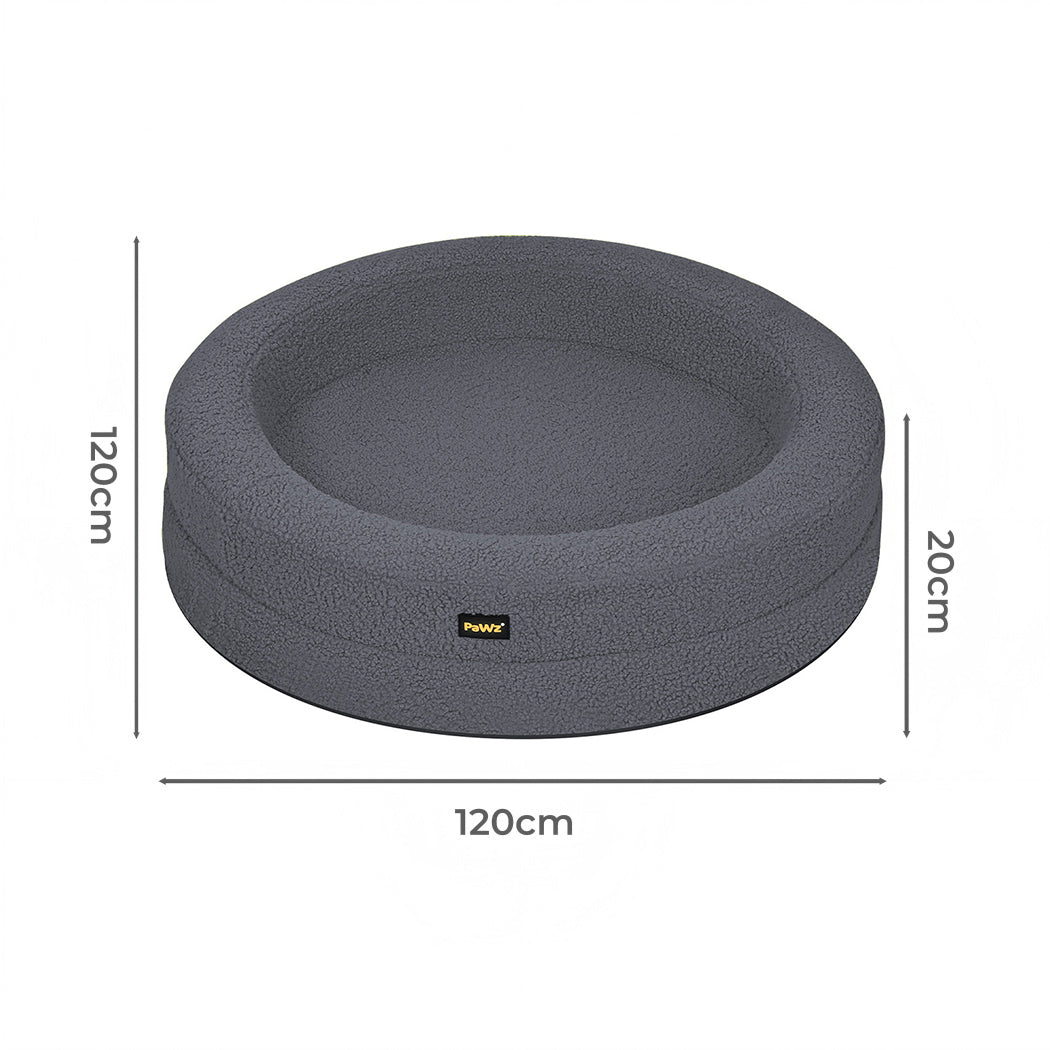 Gray pet bed with dimensions on a white background