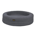 Gray pet bed with a visible brand logo on a white background