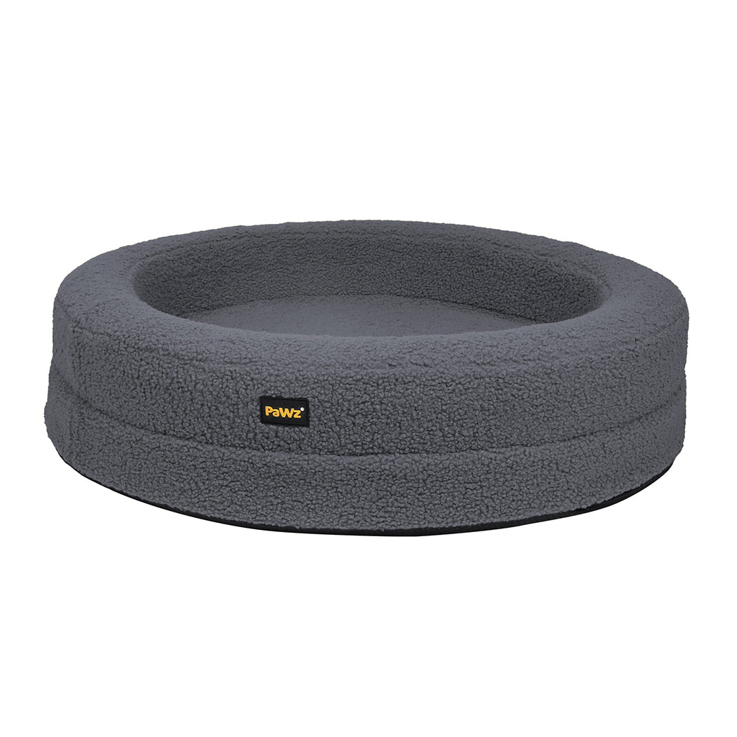 Gray pet bed with a visible brand logo on a white background