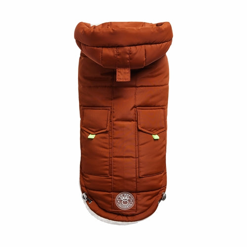 Hazel dog coat with a brand logo on a white background