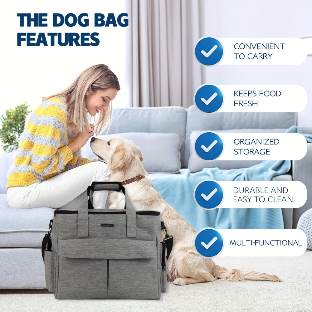 Woman with a dog sitting on a couch next to a gray pet bag, with features listed above.
