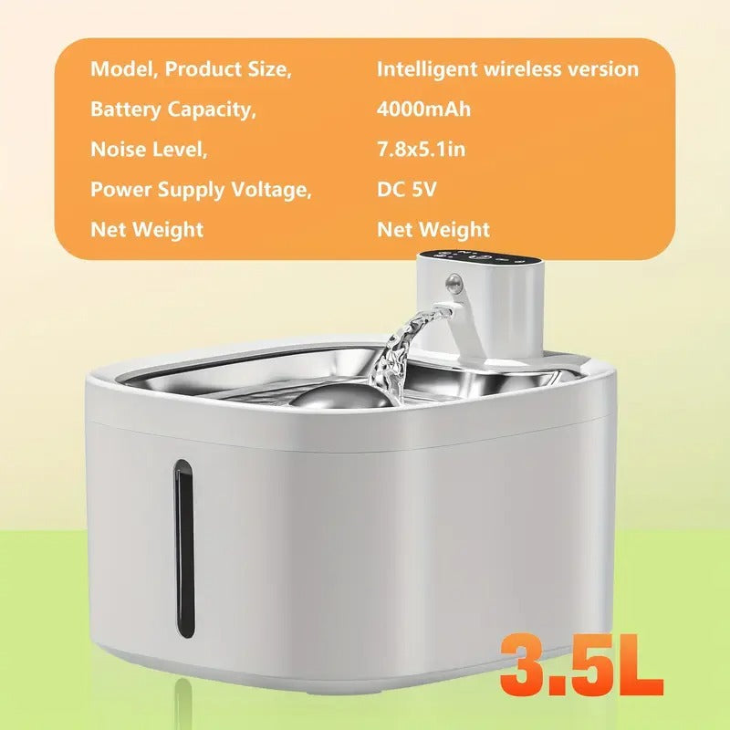 Pet water fountain with technical specifications on a gradient background