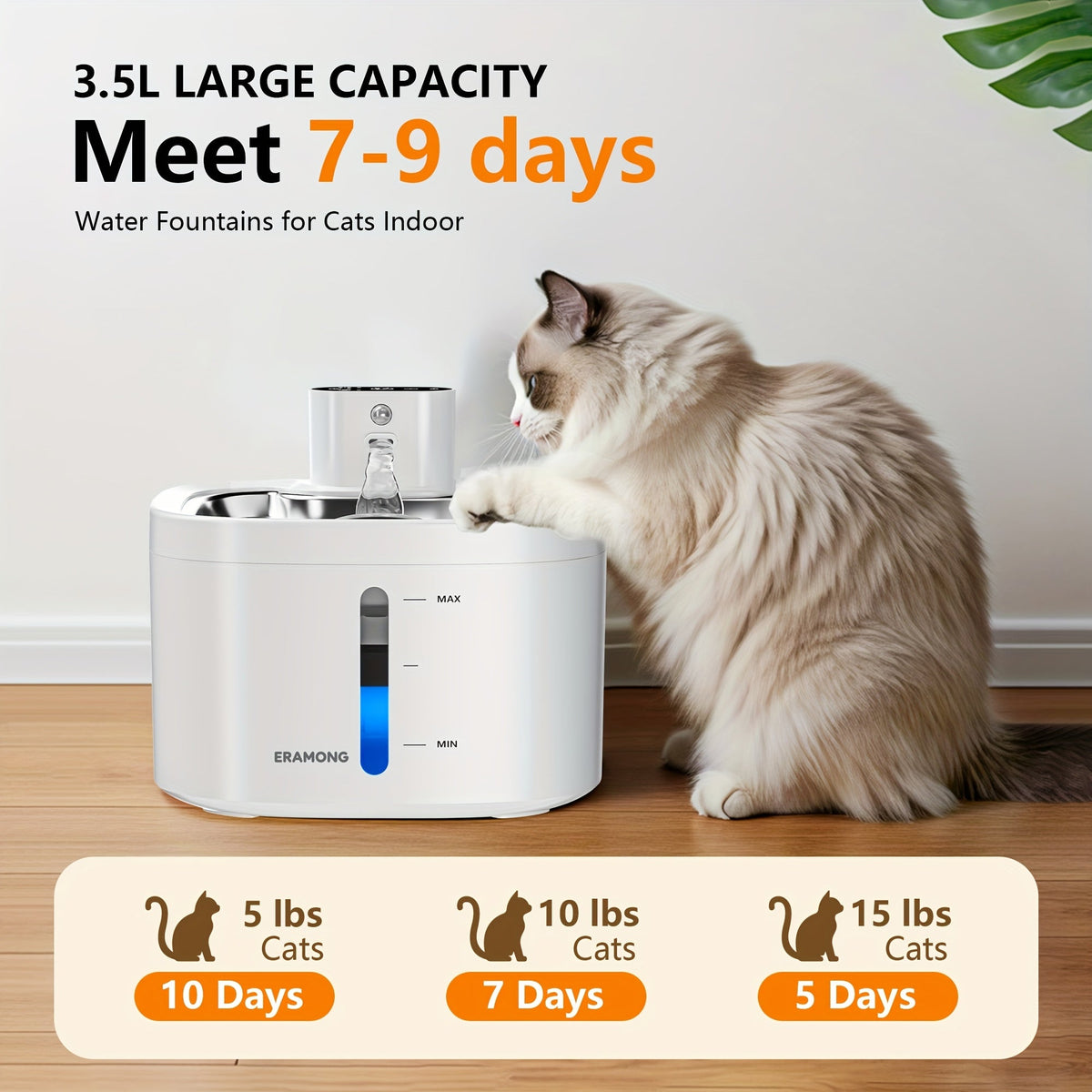 Cat drinking from a water fountain with capacity details on a wooden floor.