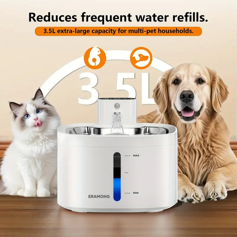 Pet water fountain with a cat and dog on either side, labeled '3.5L' capacity.