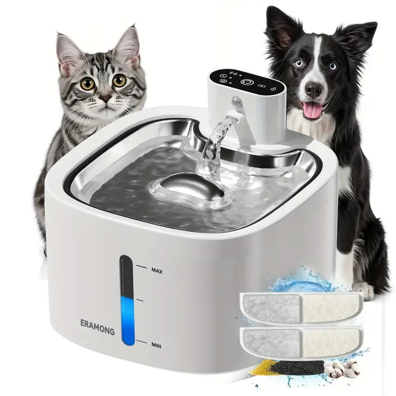 Pet water fountain with a cat and dog on either side on a white background