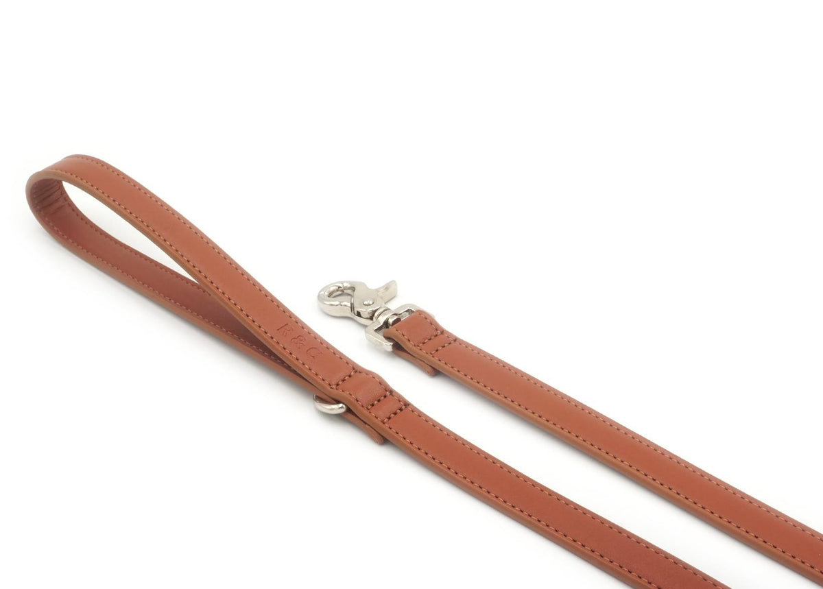 Brown leather dog leash with a silver clip on a white background