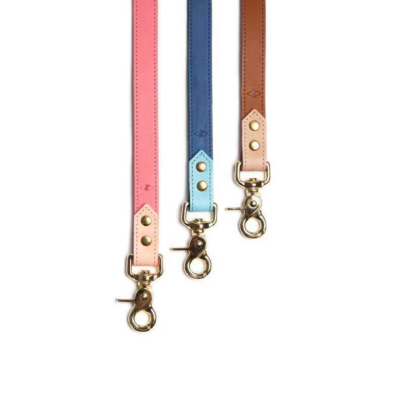Three colorful leather straps with gold hardware on a white background