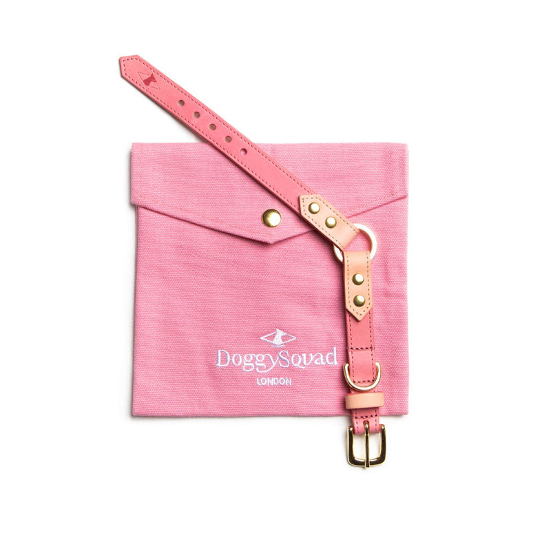 Pink pouch with a strap and 'Doggy Squad' branding on a white background