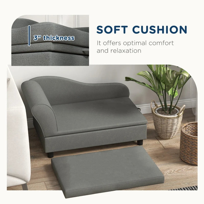 Gray cushioned chair with ottoman on a wooden floor, featuring text about cushion thickness and comfort.