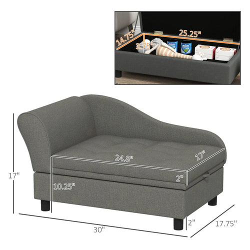 Gray pet bed with dimensions and inset showing storage space.