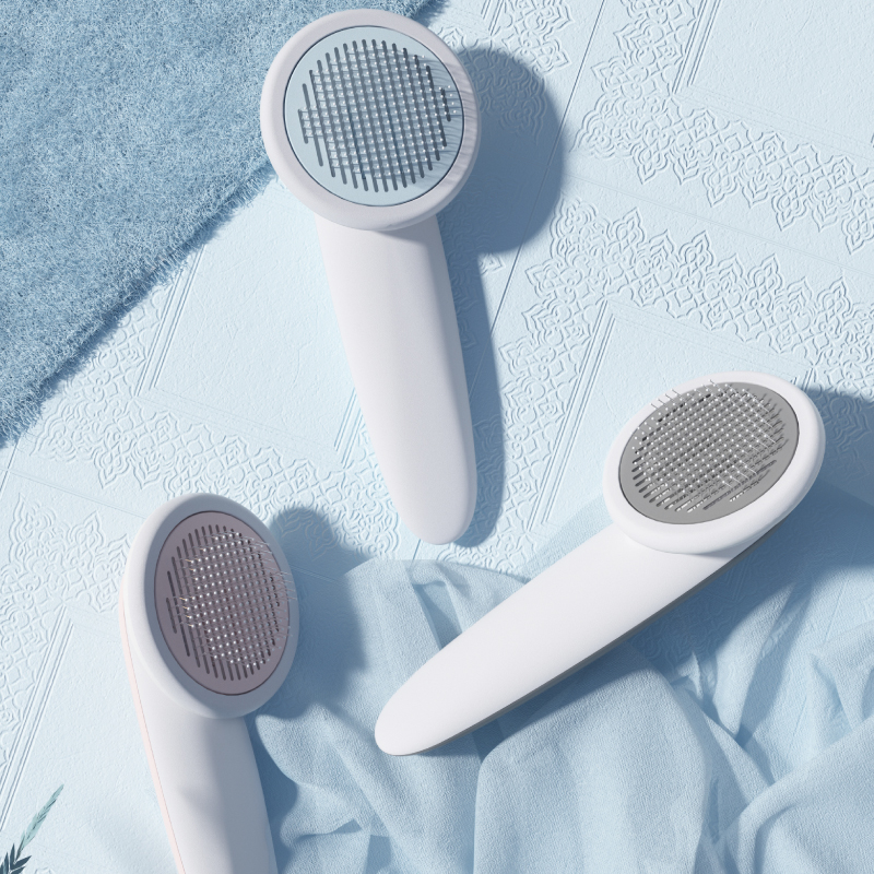 Three handheld electric shaver devices with white handles and circular heads, arranged on a light blue textured fabric background.