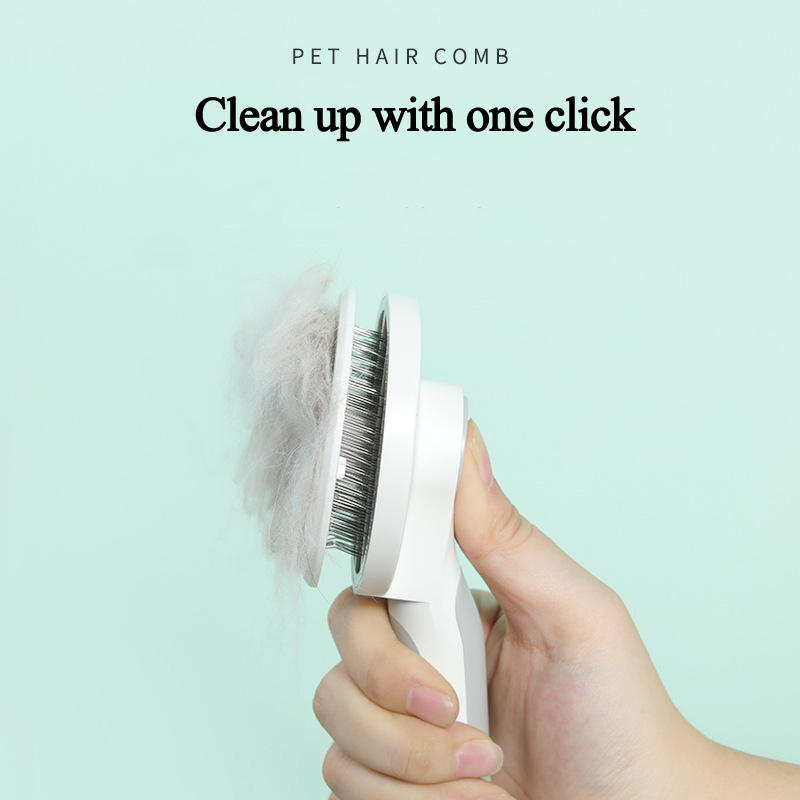 Pet hair comb with collected pet hair against a light blue background