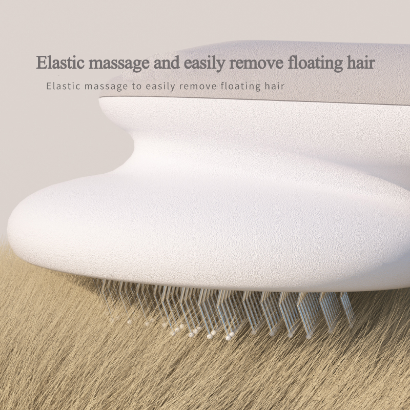 White hairbrush with bristles on a wooden surface, text indicating massage and hair removal benefits.