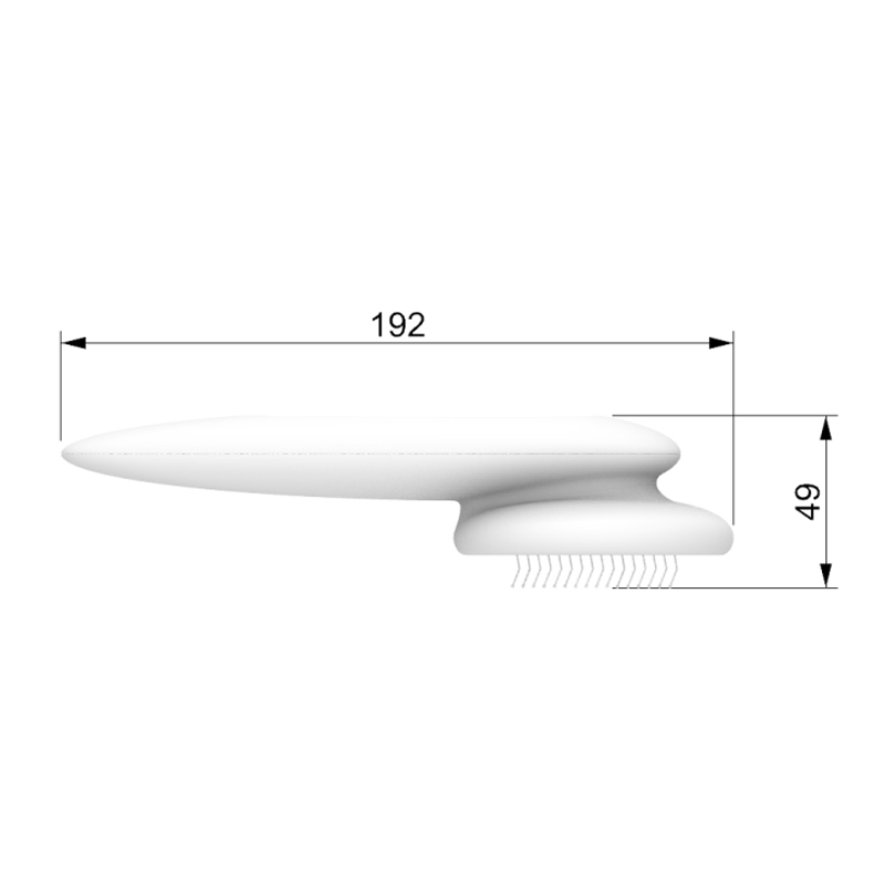 White brush with dimensions labeled on a white background