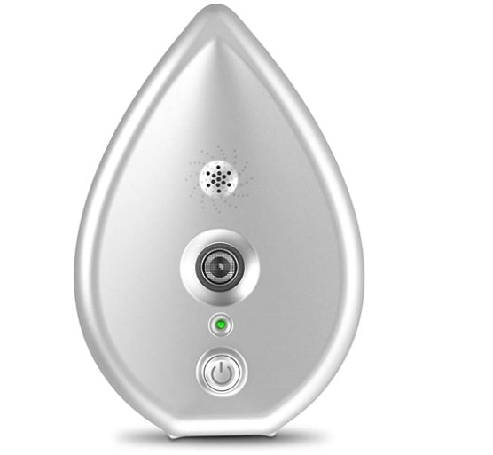 Teardrop-shaped electronic device with camera and power indicator on a white background
