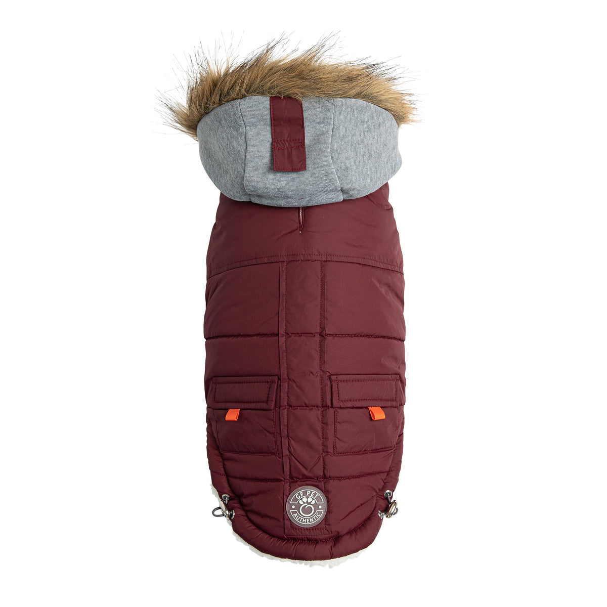 Burgundy dog coat with gray hood and fur trim on a white background