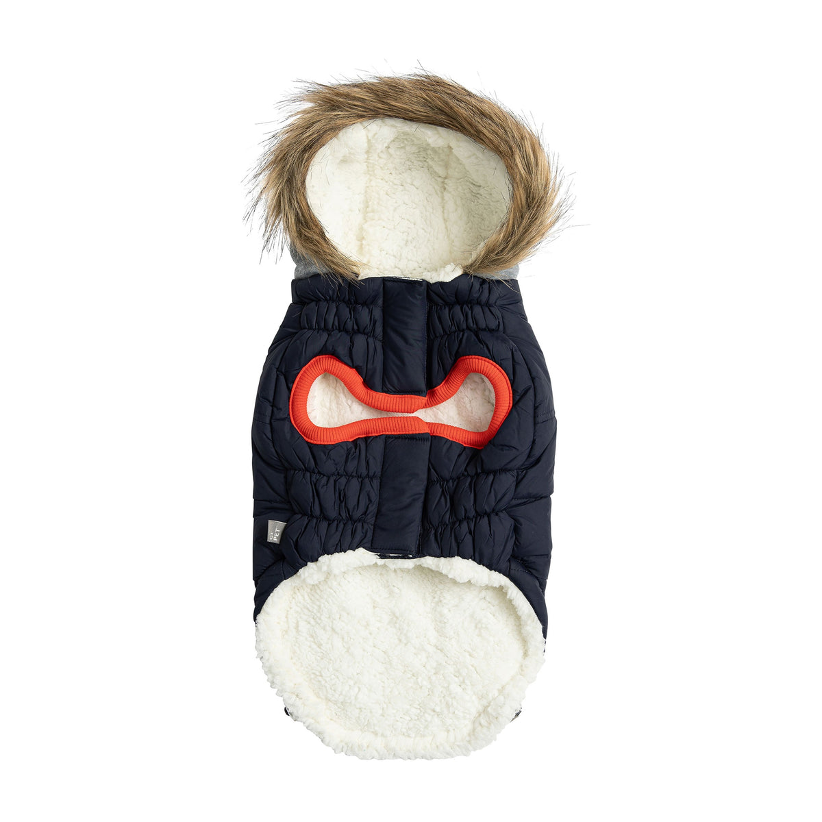Dog coat with a red bone design on a white background