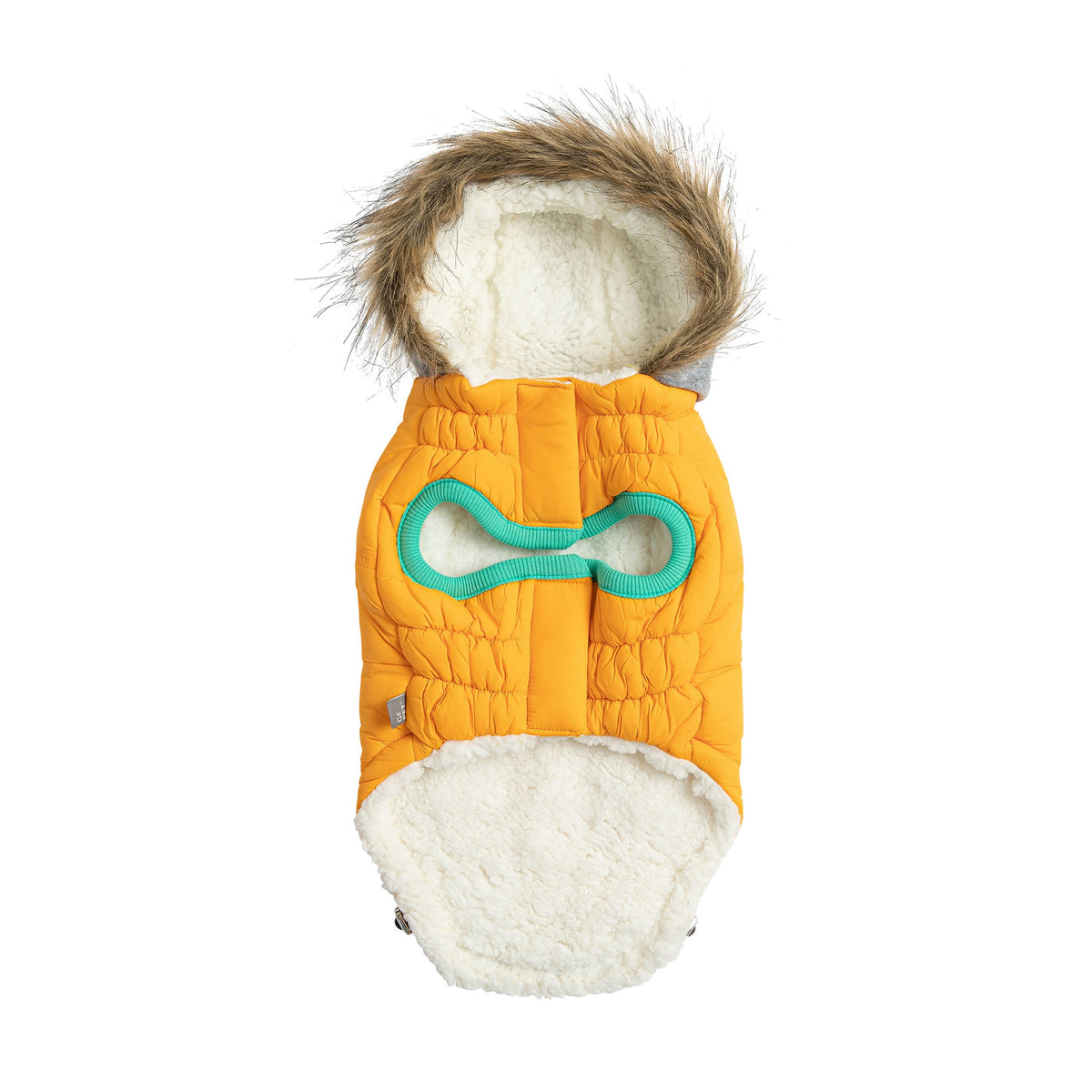 Orange dog coat with white fur lining and green accents on a white background