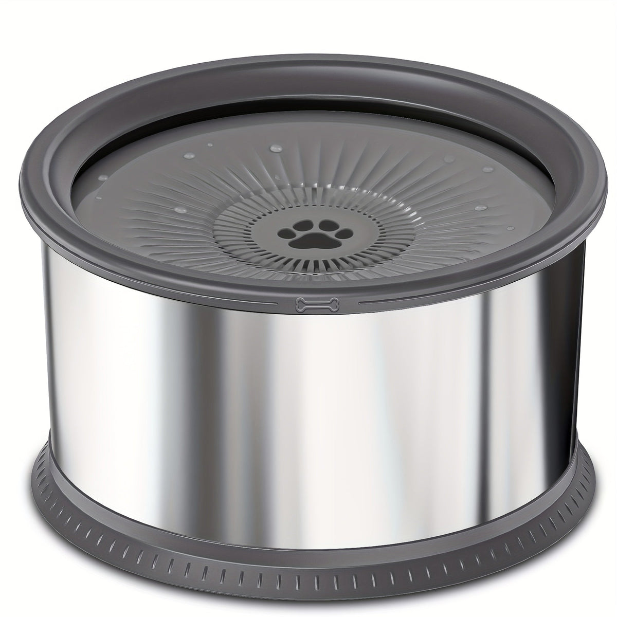 Pet container with gray lid and base, silver body on a white background