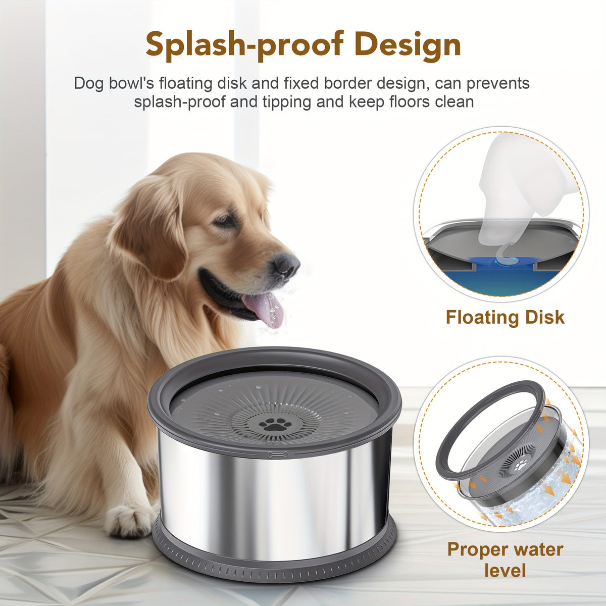 Dog bowl with splash-proof design features, including a floating disk and fixed border, shown with a dog sitting next to it.